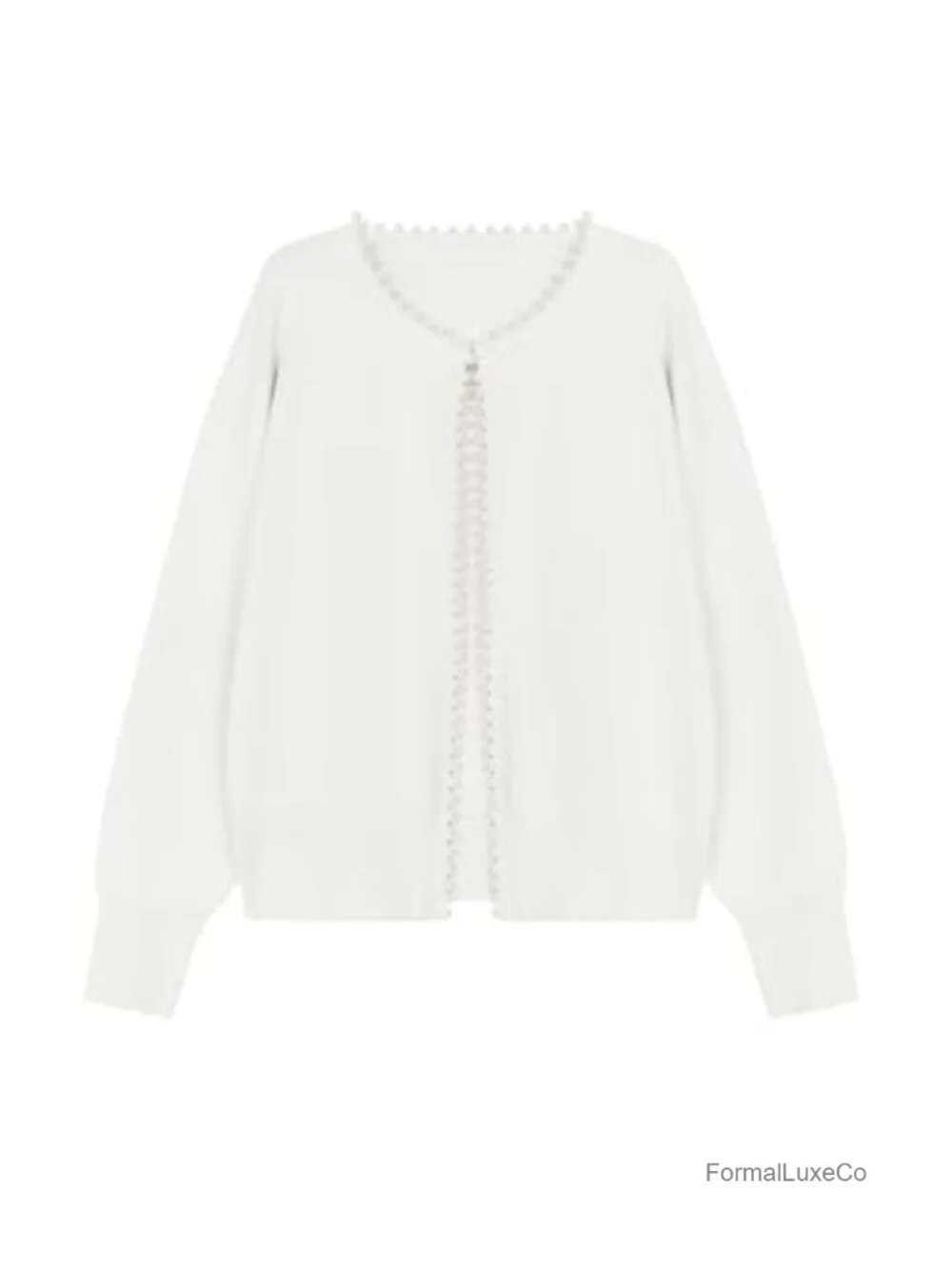 Women's Pearl Trim Cardigan Open Front Long Sleeve Knit Sweater